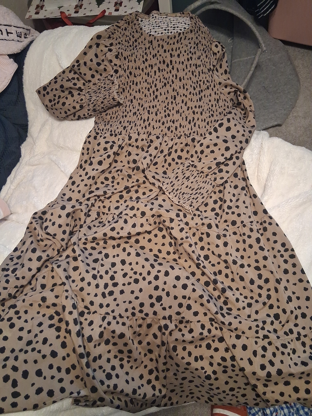 SHEIN Tan and Black Long Sleeve Polka Dot Midi Dress